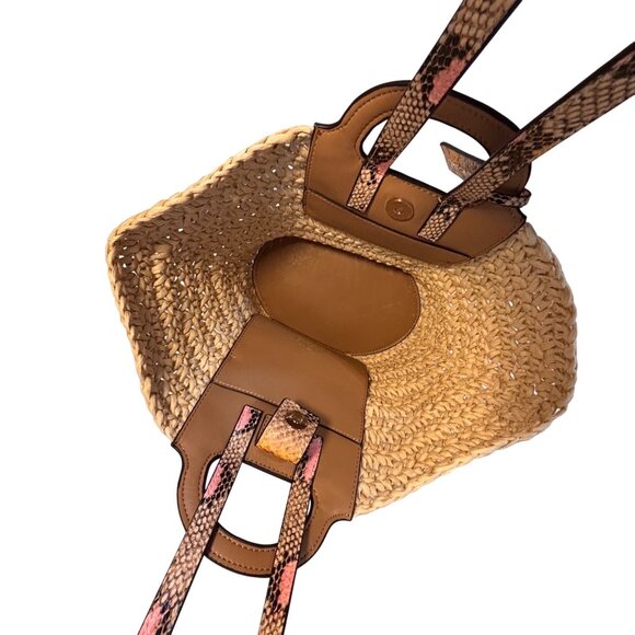 Vince Camuto Lena Straw Tote Bag‎ Faux Snakeskin Duo Handles Boho Chic Beachy - Picture 4 of 12